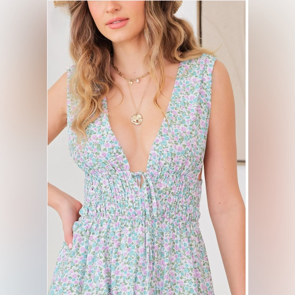 NWT- Floral Cut Out Backless Sleeveless Shirred Mini Dress