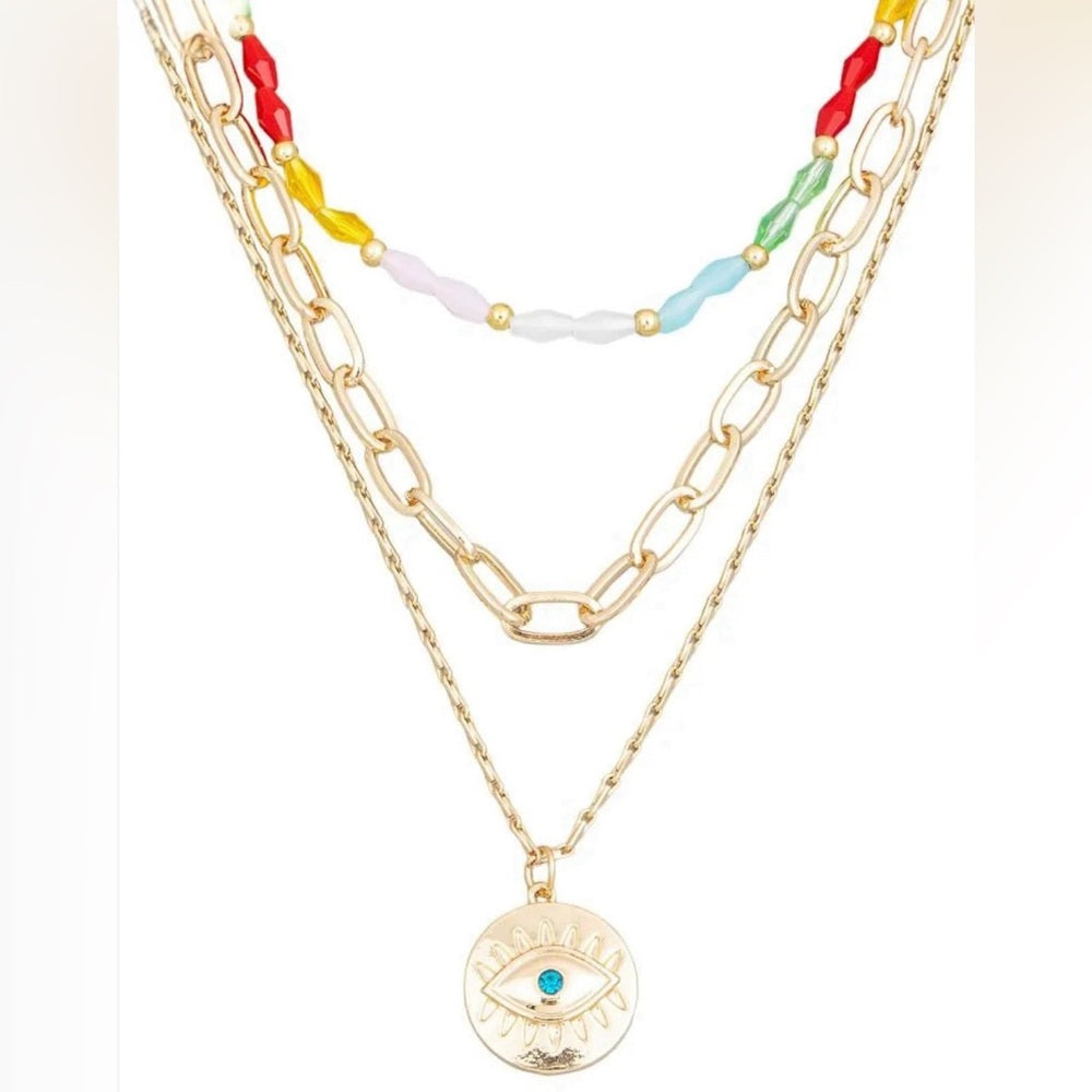 Layered Chain Evil Eye Coin Pendant Colorful Bead Necklace