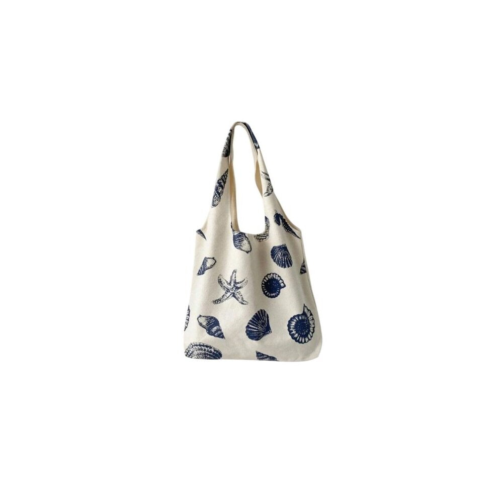 Ocean-Themed Canvas Tote Bag With Blue Seashell & Starfish Print