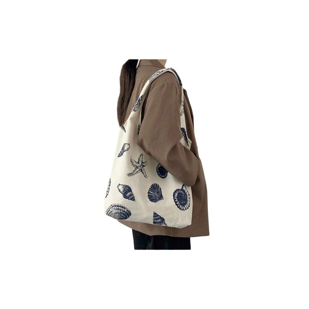 Ocean-Themed Canvas Tote Bag With Blue Seashell & Starfish Print