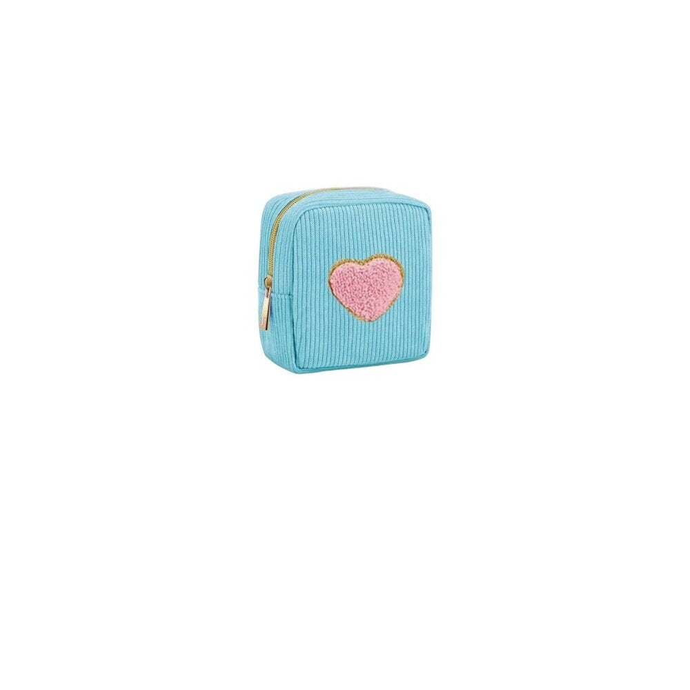 Chenille Heart Embroidered Makeup Bag Waterproof PU Leather Zipper Pouch