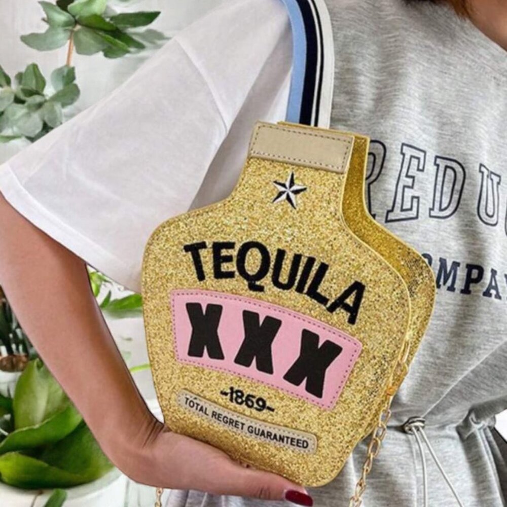 Y2K Laser Bottle-Shaped Purse Sequins Kawaii Tequila Chain Crossbody Bag In Gold