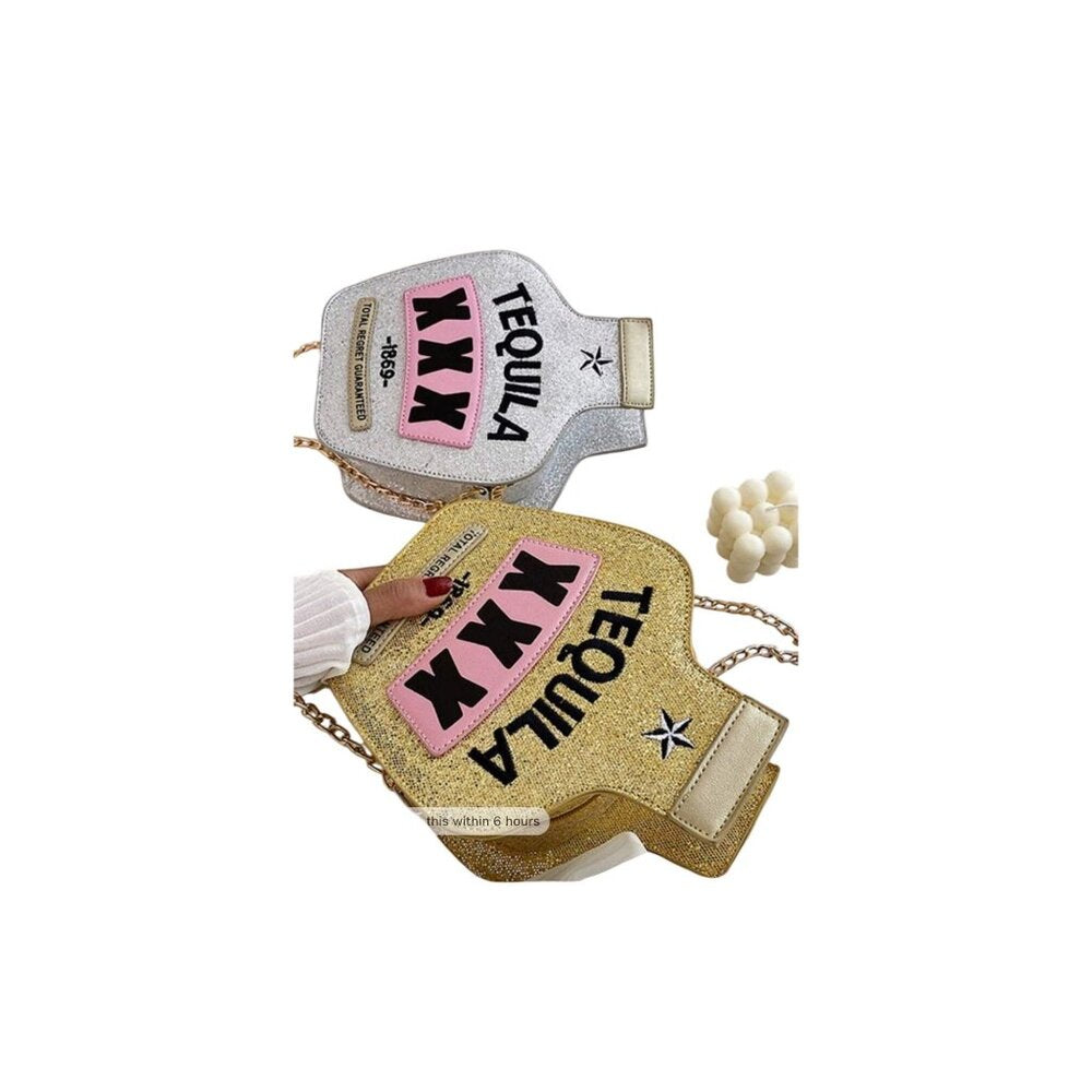 Y2K Laser Bottle-Shaped Purse Sequins Kawaii Tequila Chain Crossbody Bag In Gold