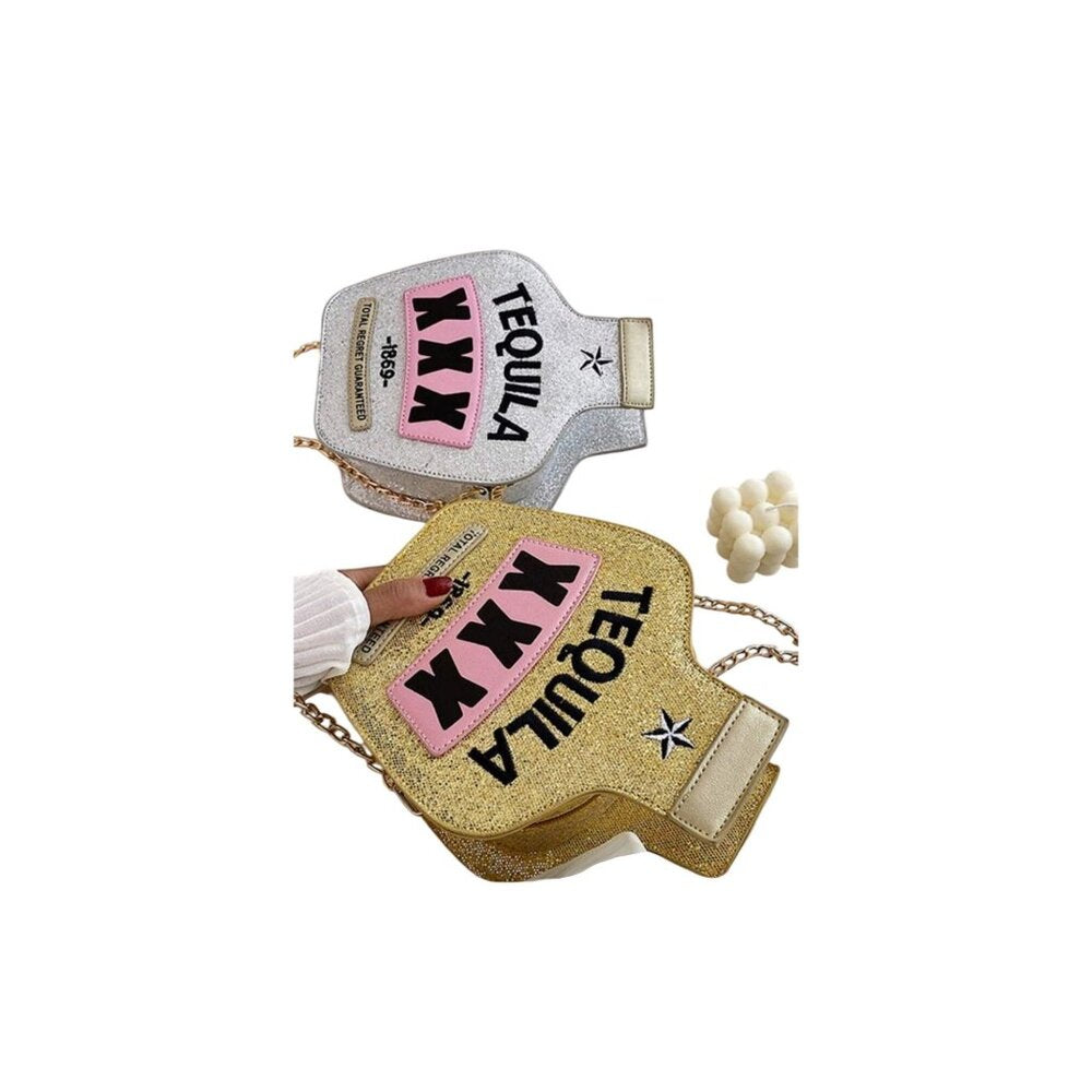 Y2K Laser Bottle-Shaped Purse Sequins Kawaii Tequila Chain Crossbody Bag In Gold