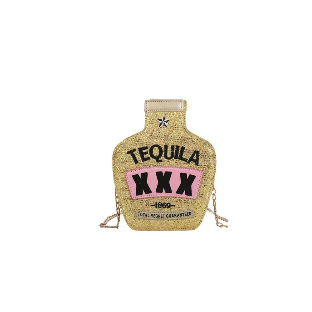 Y2K Laser Bottle-Shaped Purse Sequins Kawaii Tequila Chain Crossbody Bag In Gold