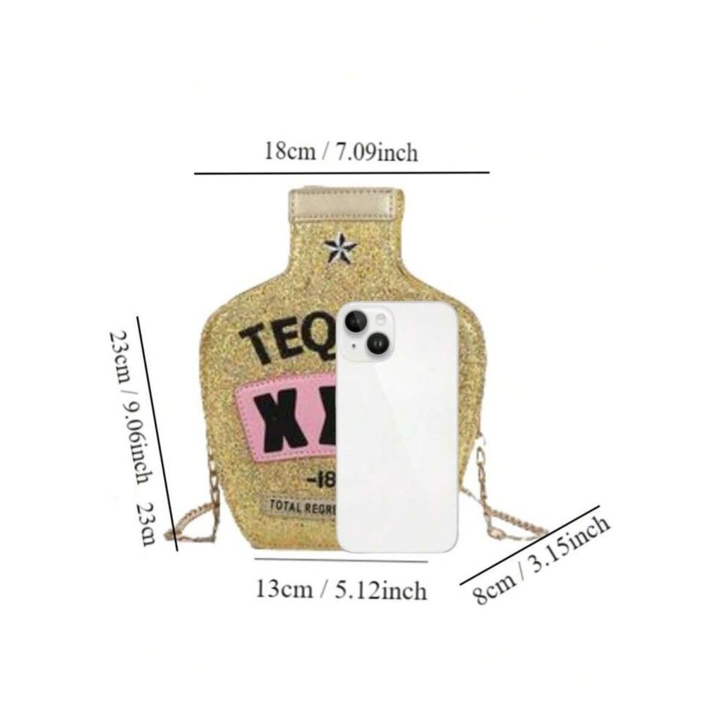 Y2K Laser Bottle-Shaped Purse Sequins Kawaii Tequila Chain Crossbody Bag In Gold