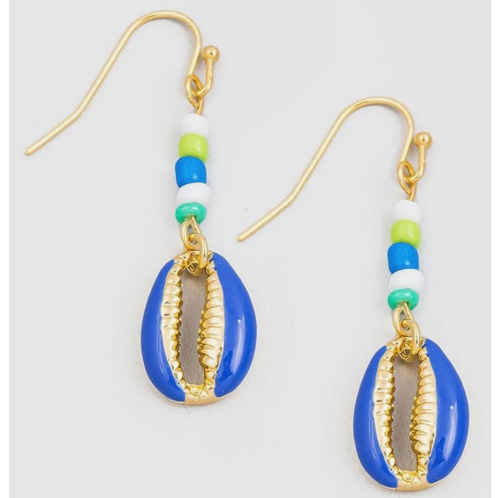 Enamel Seed Bead Cowrie Shell Drop Earrings