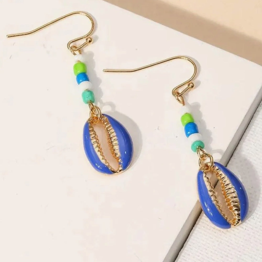 Enamel Seed Bead Cowrie Shell Drop Earrings