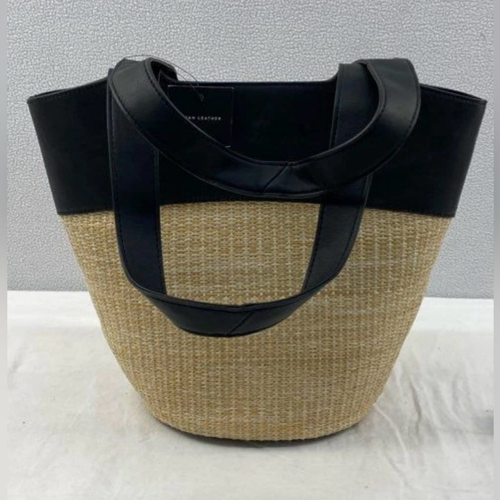 Black and Tan Two-Toned Tote Bag with Woven Texture