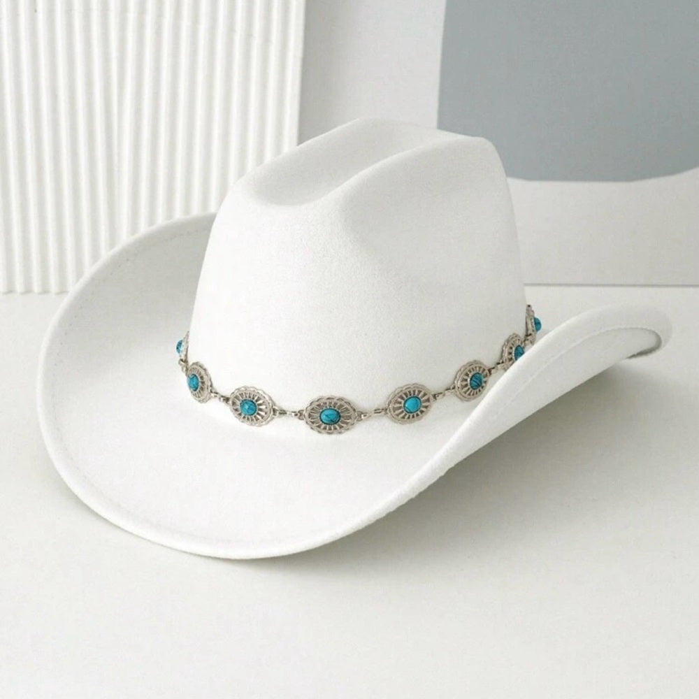 White Cowboy Hat with Turquoise Accents