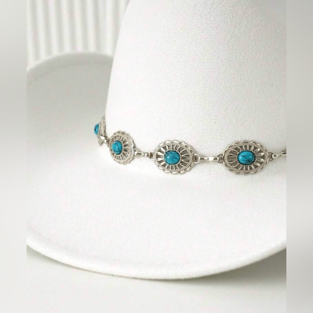 White Cowboy Hat with Turquoise Accents