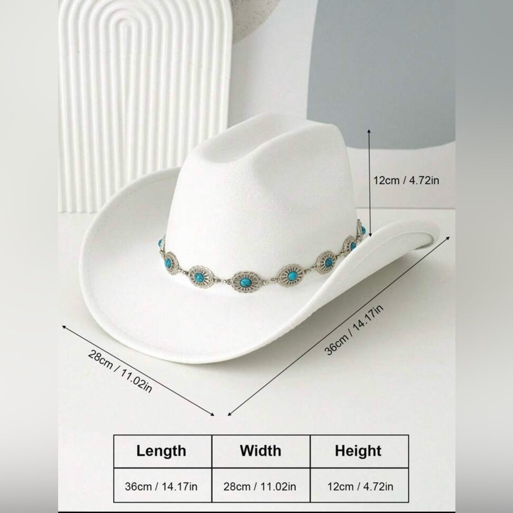 White Cowboy Hat with Turquoise Accents