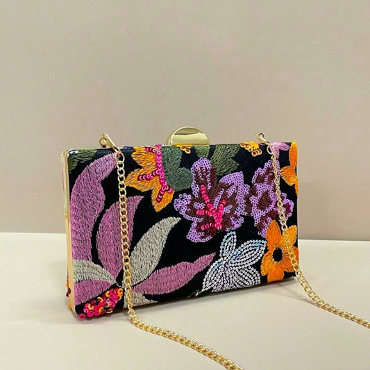 Floral Embroidered Clutch Bag - Black and Multicolor