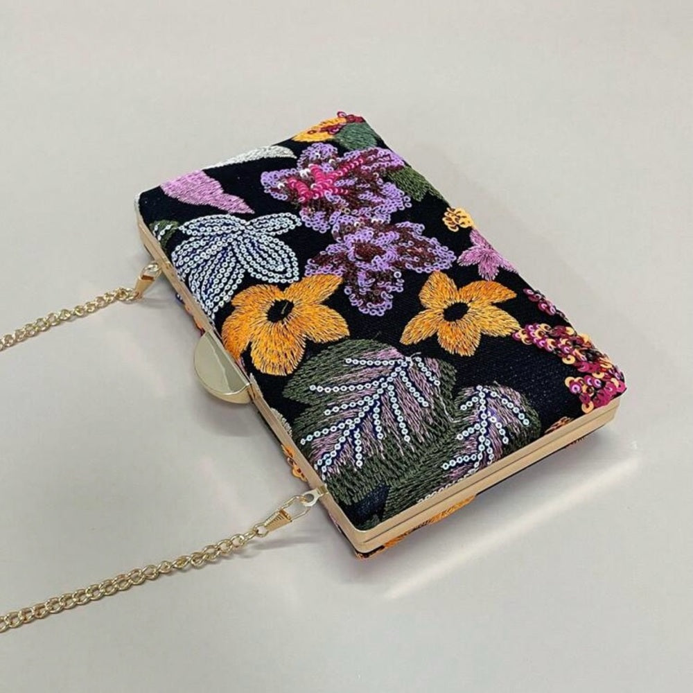 Floral Embroidered Clutch Bag - Black and Multicolor