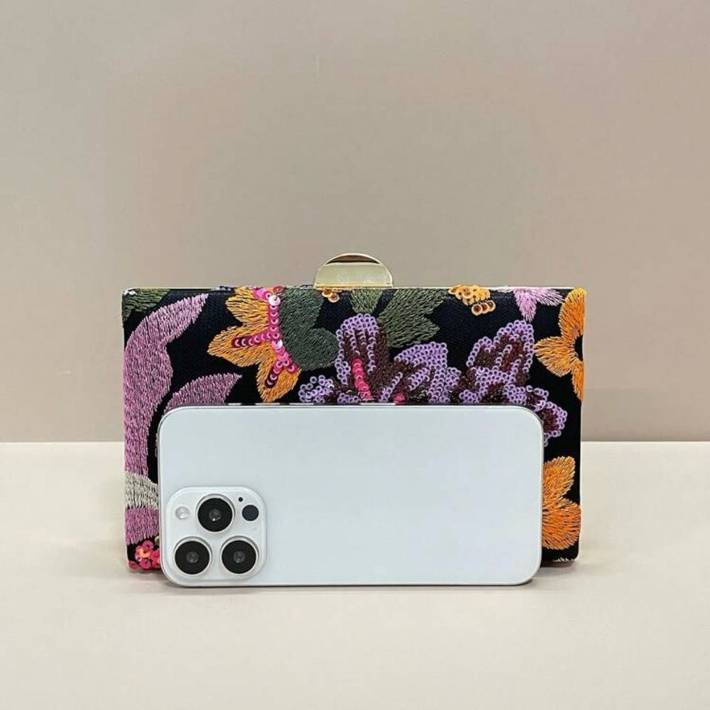 Floral Embroidered Clutch Bag - Black and Multicolor