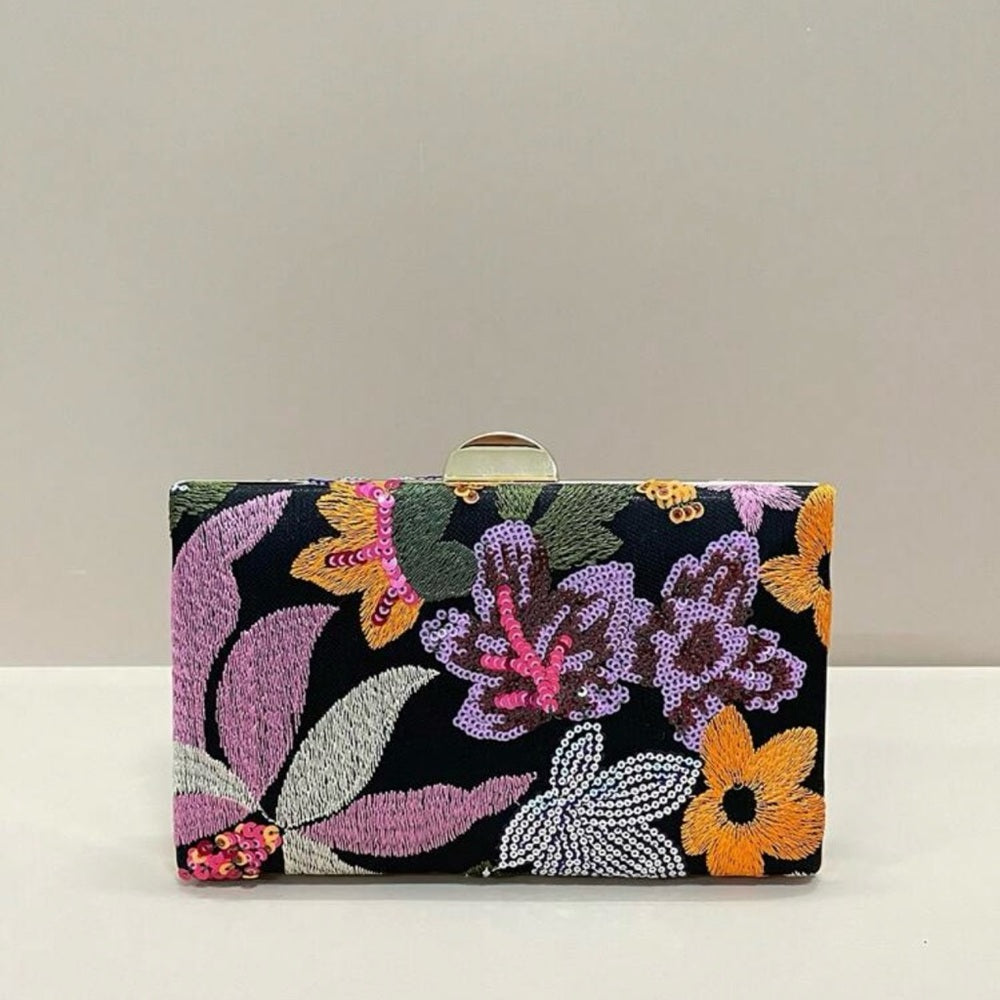 Floral Embroidered Clutch Bag - Black and Multicolor