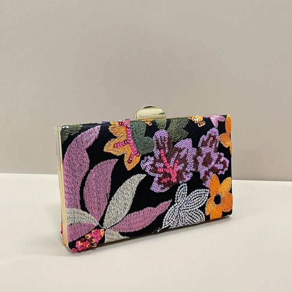 Floral Embroidered Clutch Bag - Black and Multicolor