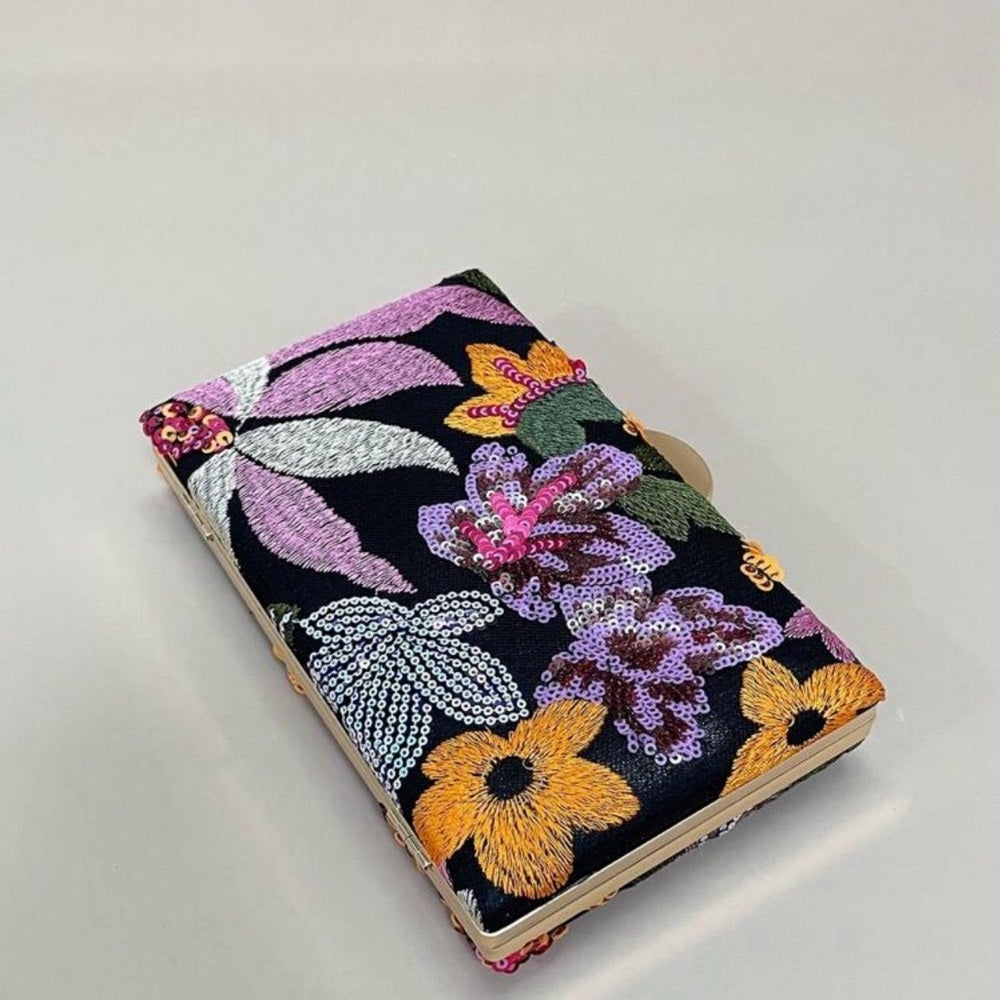 Floral Embroidered Clutch Bag - Black and Multicolor