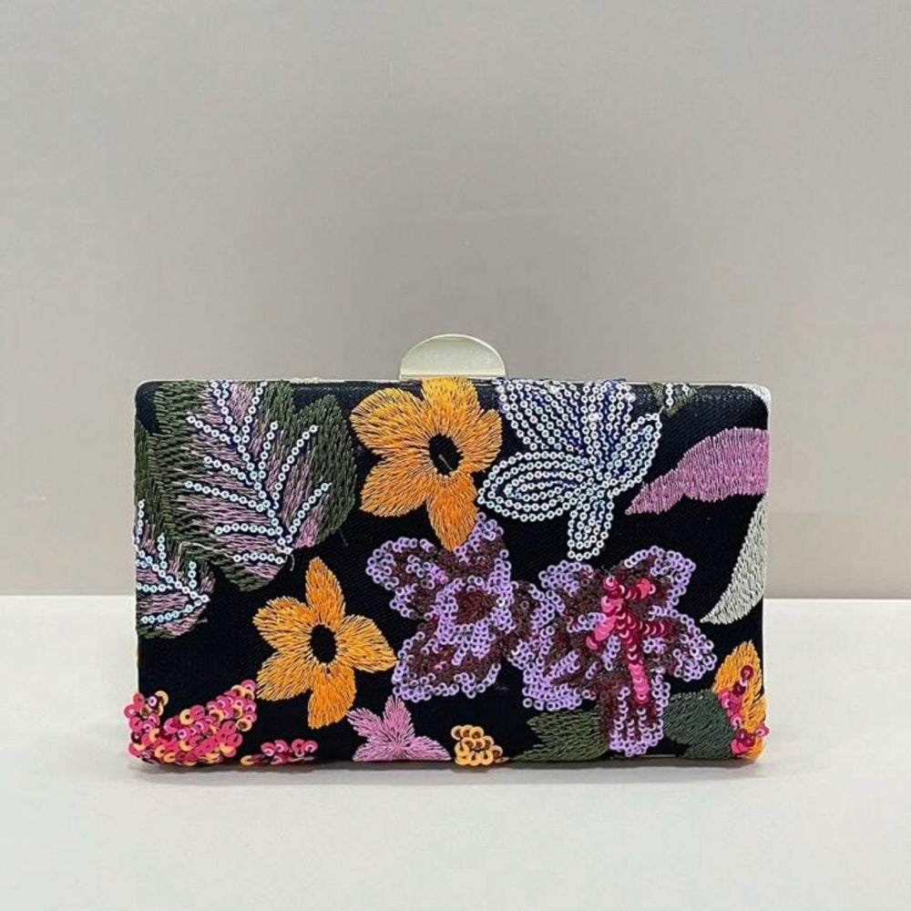 Floral Embroidered Clutch Bag - Black and Multicolor