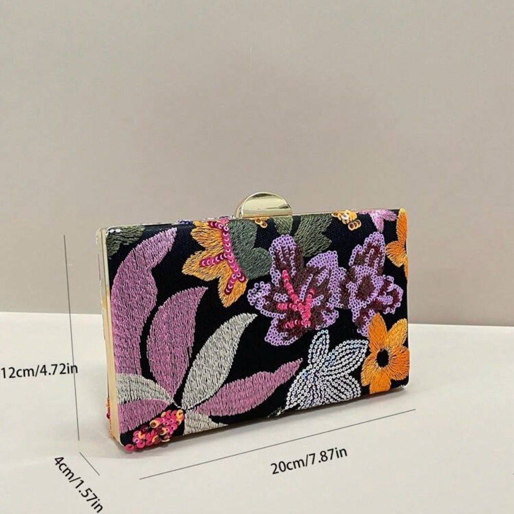 Floral Embroidered Clutch Bag - Black and Multicolor