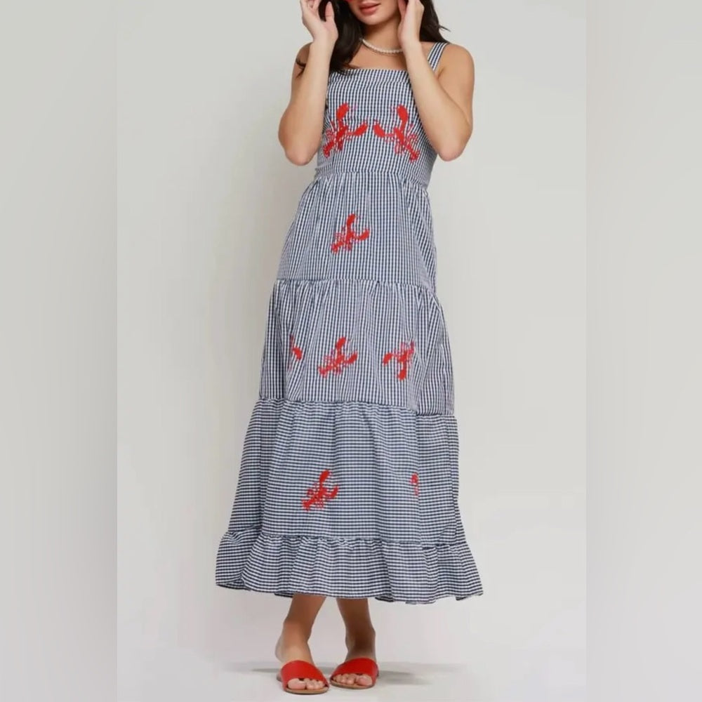 Embroidered Lobster Strap Plaid Gingham Tiered Dress