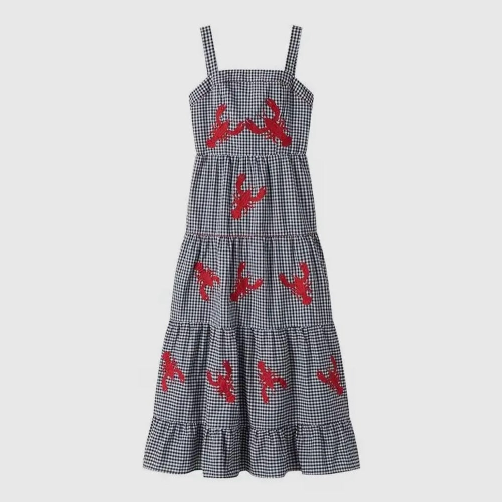 Embroidered Lobster Strap Plaid Gingham Tiered Dress