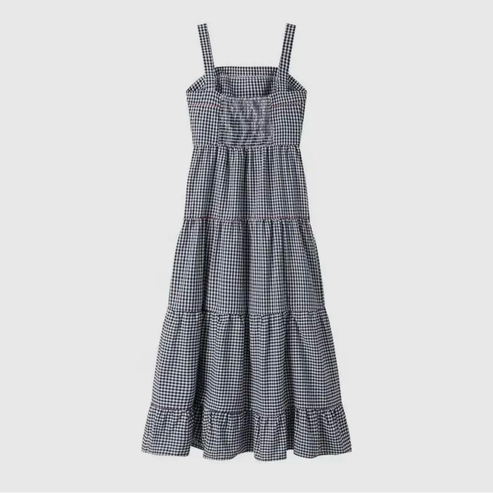 Embroidered Lobster Strap Plaid Gingham Tiered Dress