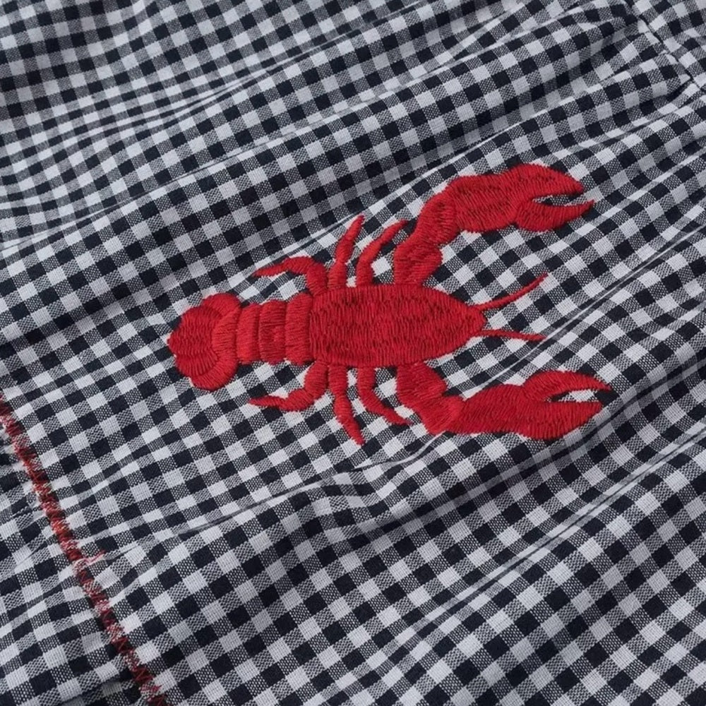 Embroidered Lobster Strap Plaid Gingham Tiered Dress