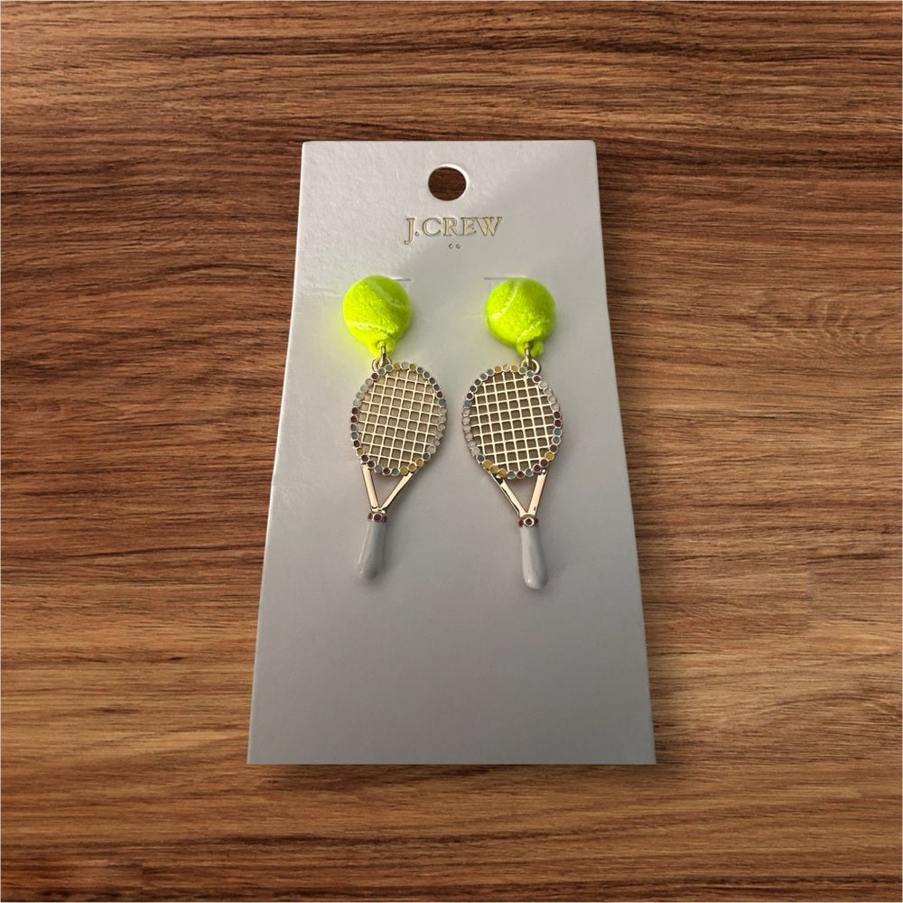 J.Crew Tennis Racket Earrings with Green Tennis ball Accents