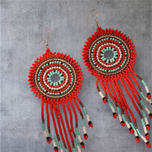 Handcrafted Red and Turquoise Beaded Earrings
