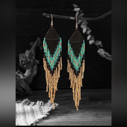 Black and Turquoise Beaded Fringe Earrings