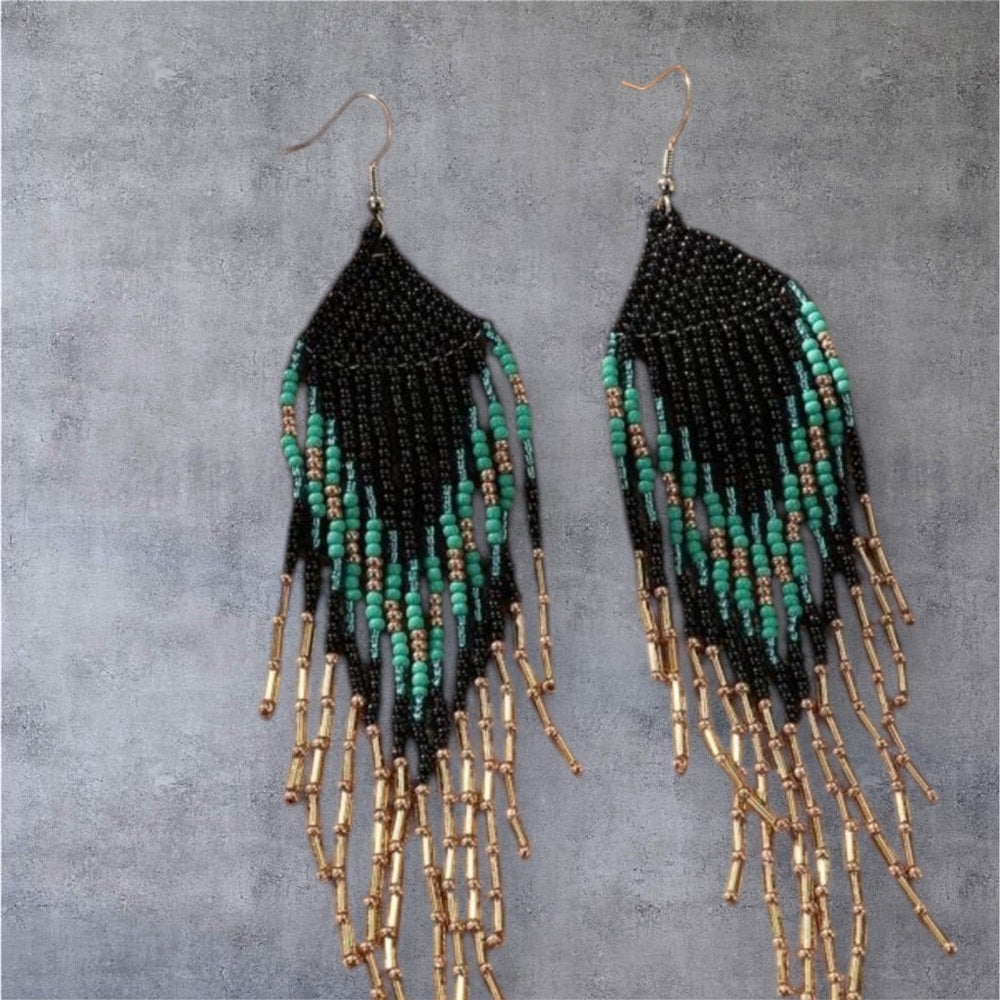 Black and Turquoise Beaded Fringe Earrings
