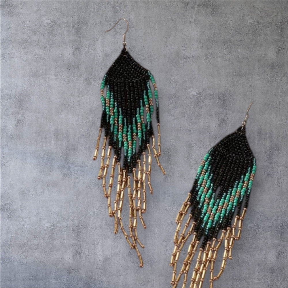 Black and Turquoise Beaded Fringe Earrings