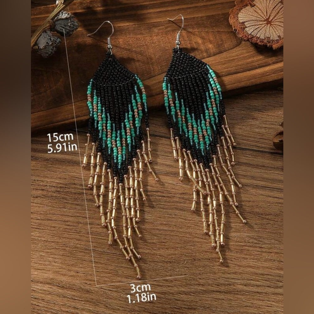 Black and Turquoise Beaded Fringe Earrings