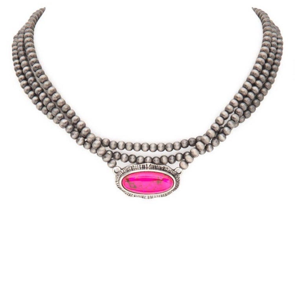 Oval Stone Pendant Beads Layered Choker Necklace