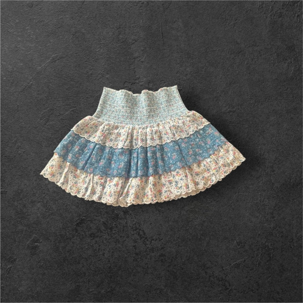 LoveShackFancy Blue and Cream Bubble Mini Skirt