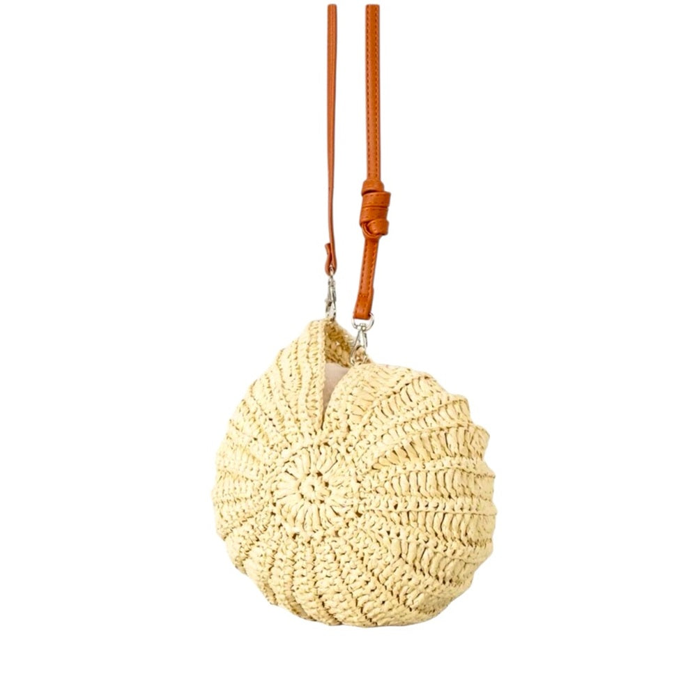 Beige Conch Crochet Crossbody Bag with Brown Strap