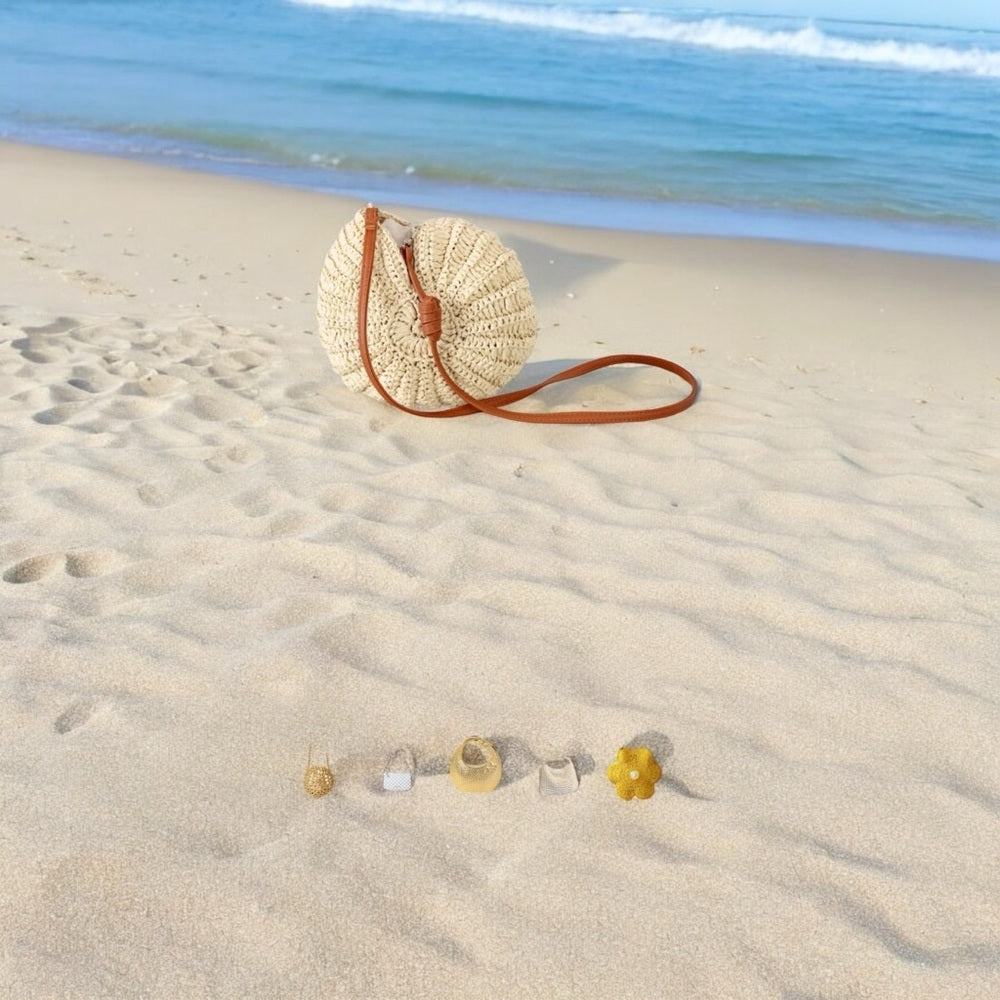 Beige Conch Crochet Crossbody Bag with Brown Strap