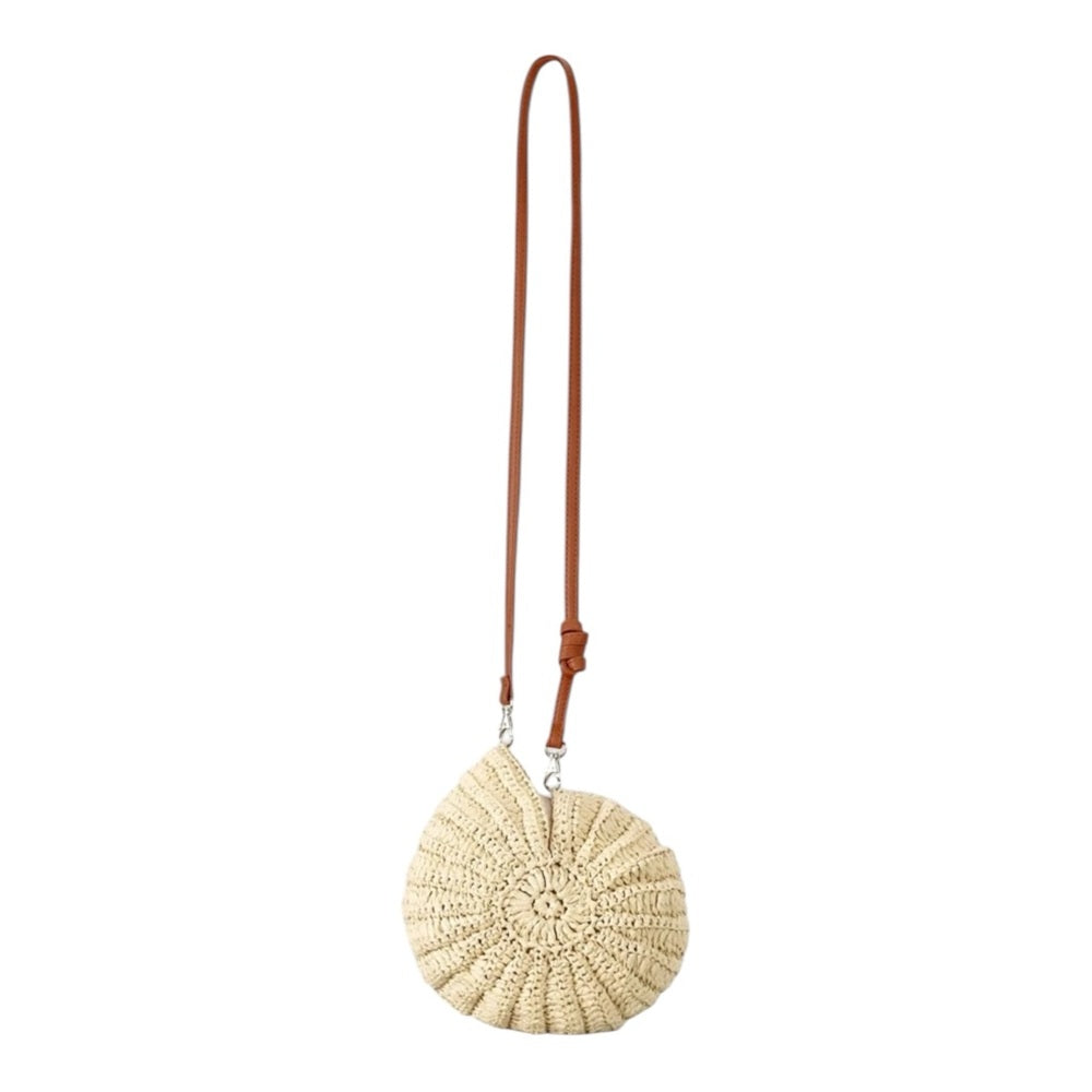 Beige Conch Crochet Crossbody Bag with Brown Strap
