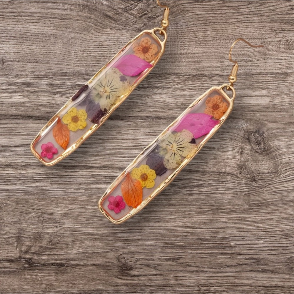 Floral Resin Earrings with Gold Accents NWT
