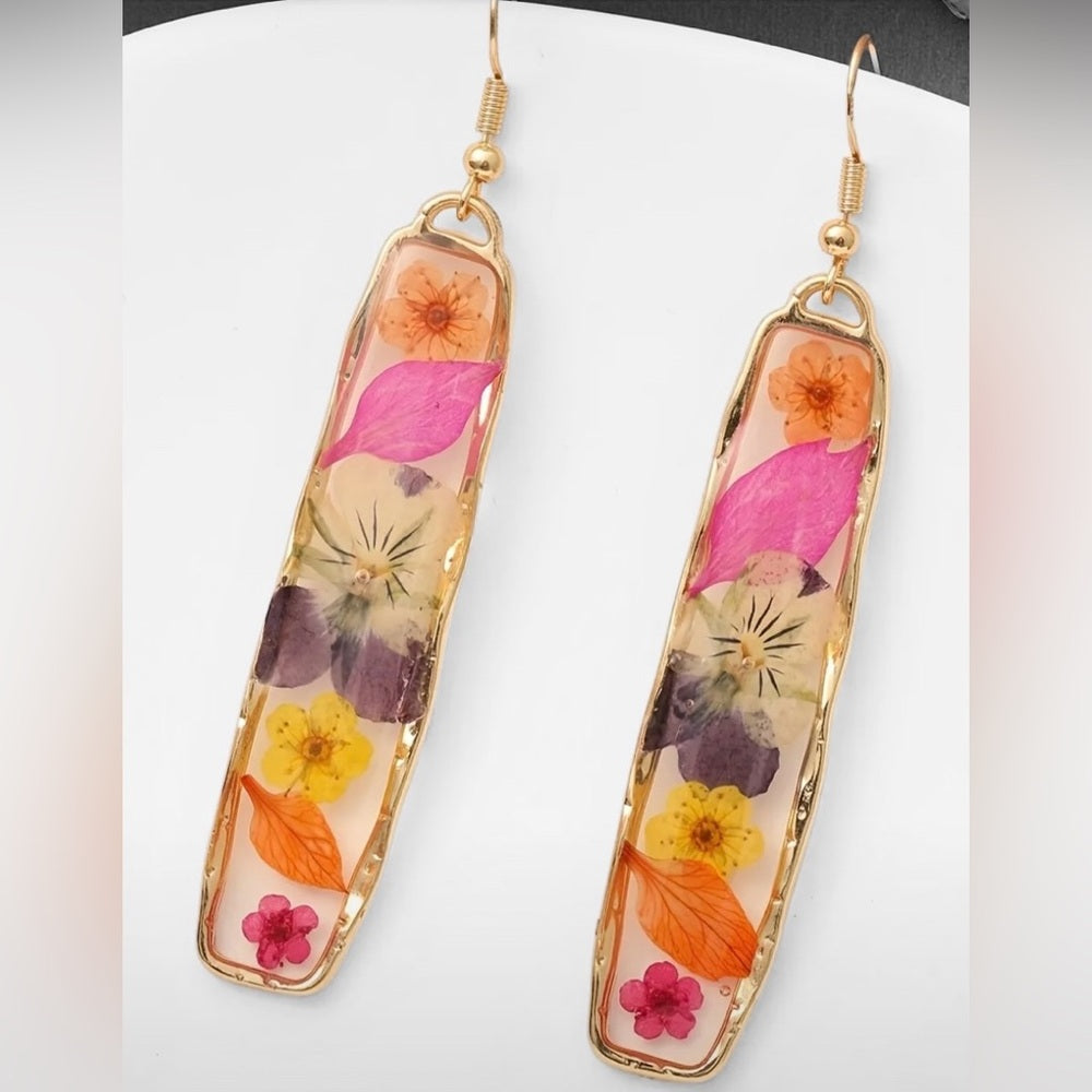 Floral Resin Earrings with Gold Accents NWT
