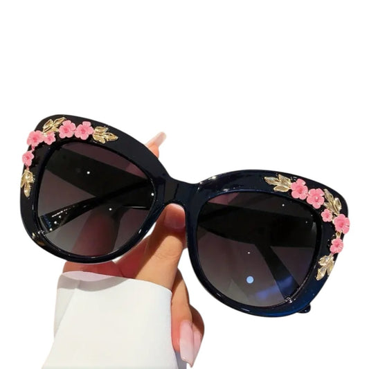 Vintage Cat Floral Embellished Black Sunglasses NWT