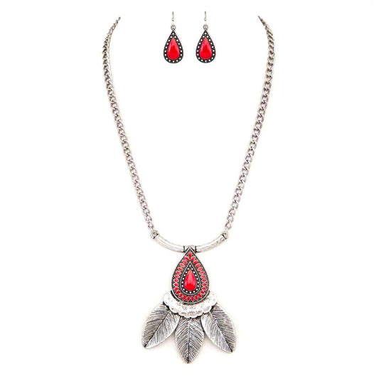 Silver and Red Teardrop Necklace and Earring Set