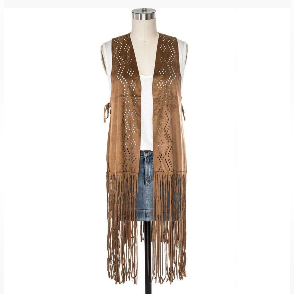 Faux Suede Brown Fringe Sleeveless Vest