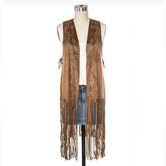 Faux Suede Brown Fringe Sleeveless Vest