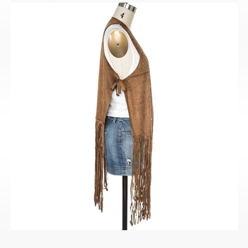 Faux Suede Brown Fringe Sleeveless Vest