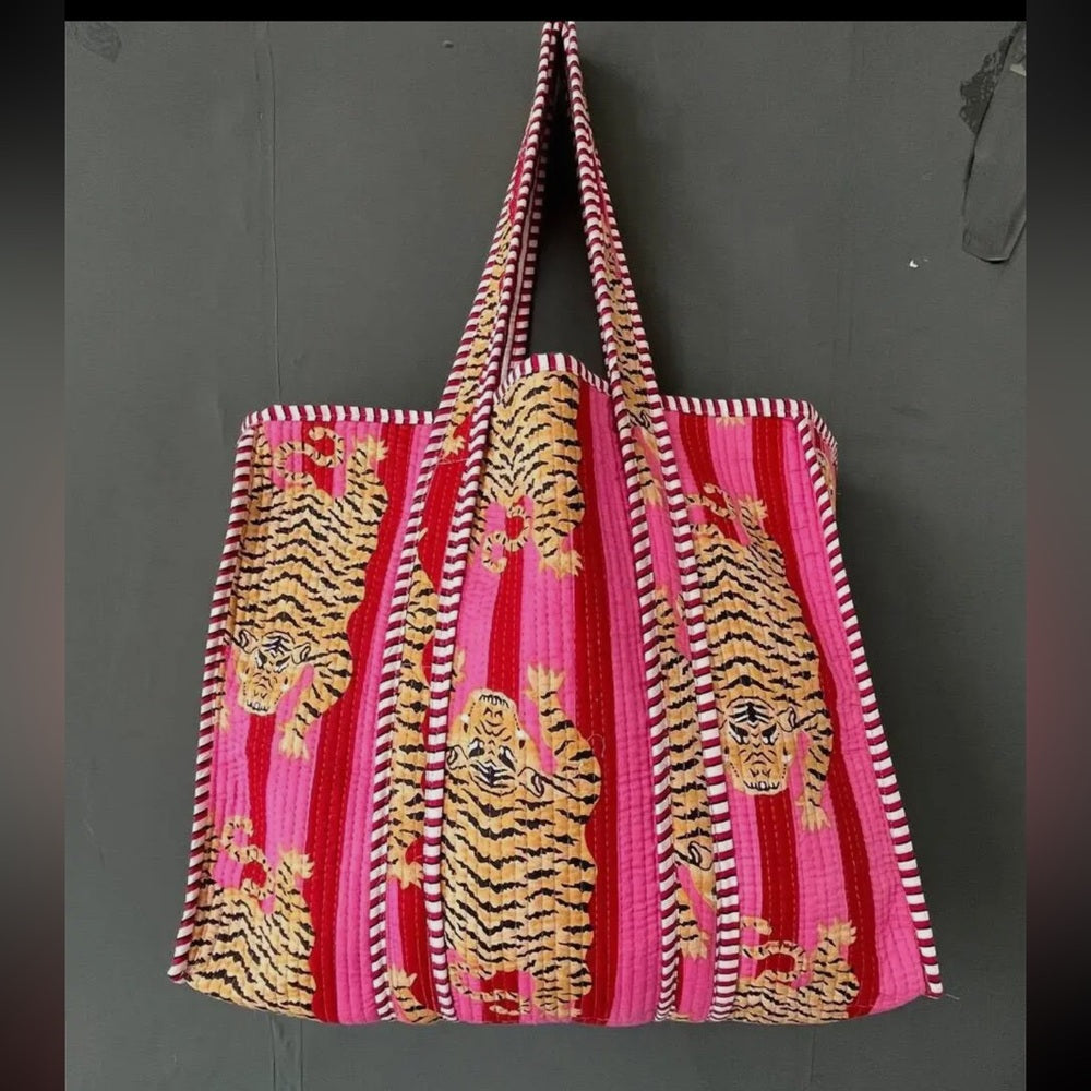 Tiger & Floral Quilted Reversible Cotton Eco Tote Bag