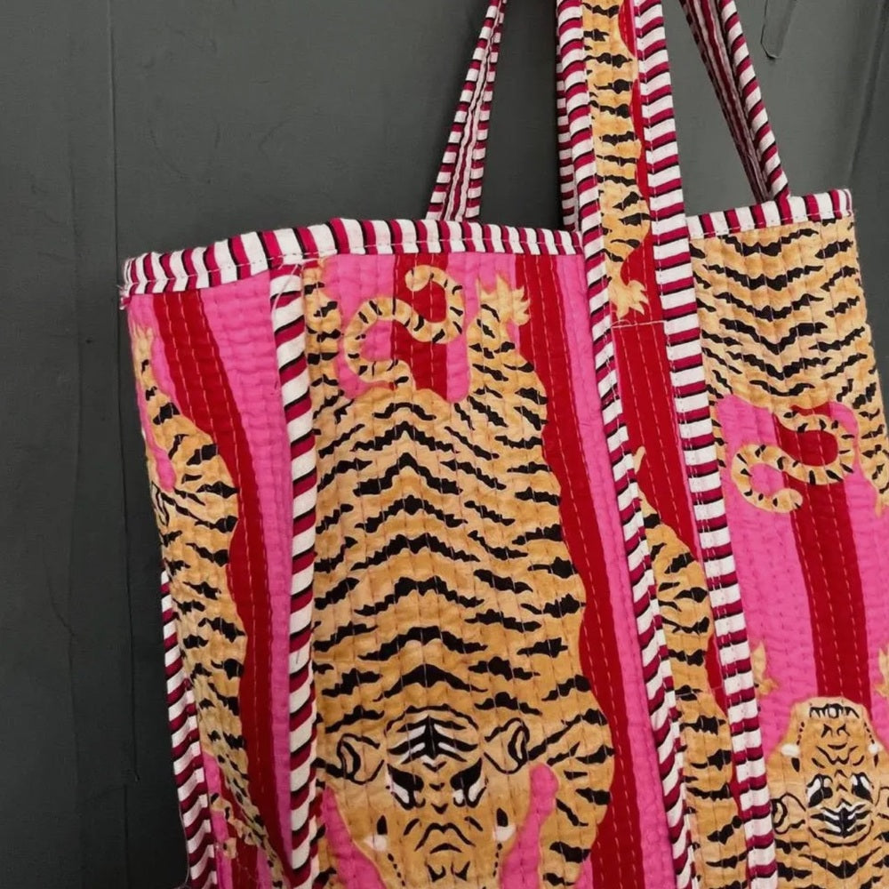 Tiger & Floral Quilted Reversible Cotton Eco Tote Bag