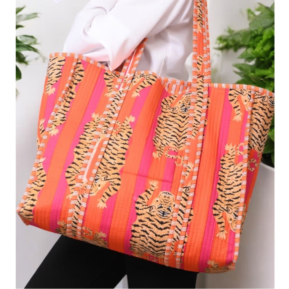 Vibrant Orange and Red Tiger Print Tote Bag