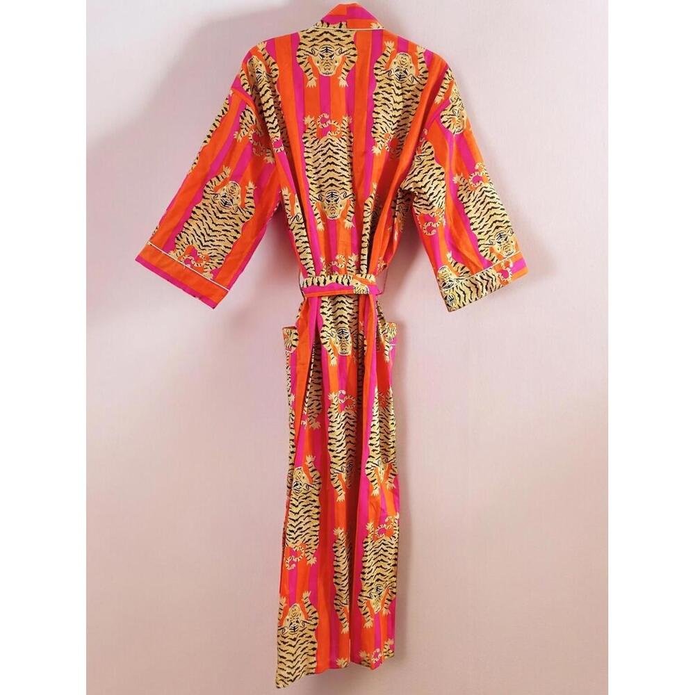 Indian Tiger Print 100% cotton Red robe gown Hippie women maxi kimono dress